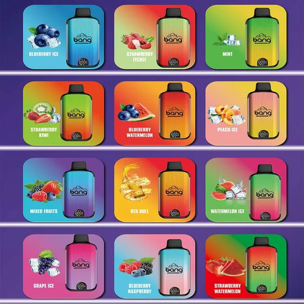Bang 20000 Puffs Disposable Vape flavor collection – Blueberry Ice, Strawberry Lychee, Mint, Strawberry Kiwi, Blueberry Watermelon, Peach Ice, Mixed Fruits, Red Bull, Watermelon Ice, Grape Ice, Blueberry Raspberry, Strawberry Watermelon – dual mesh coil, smart screen, 25ml e-liquid, 650mAh rechargeable.