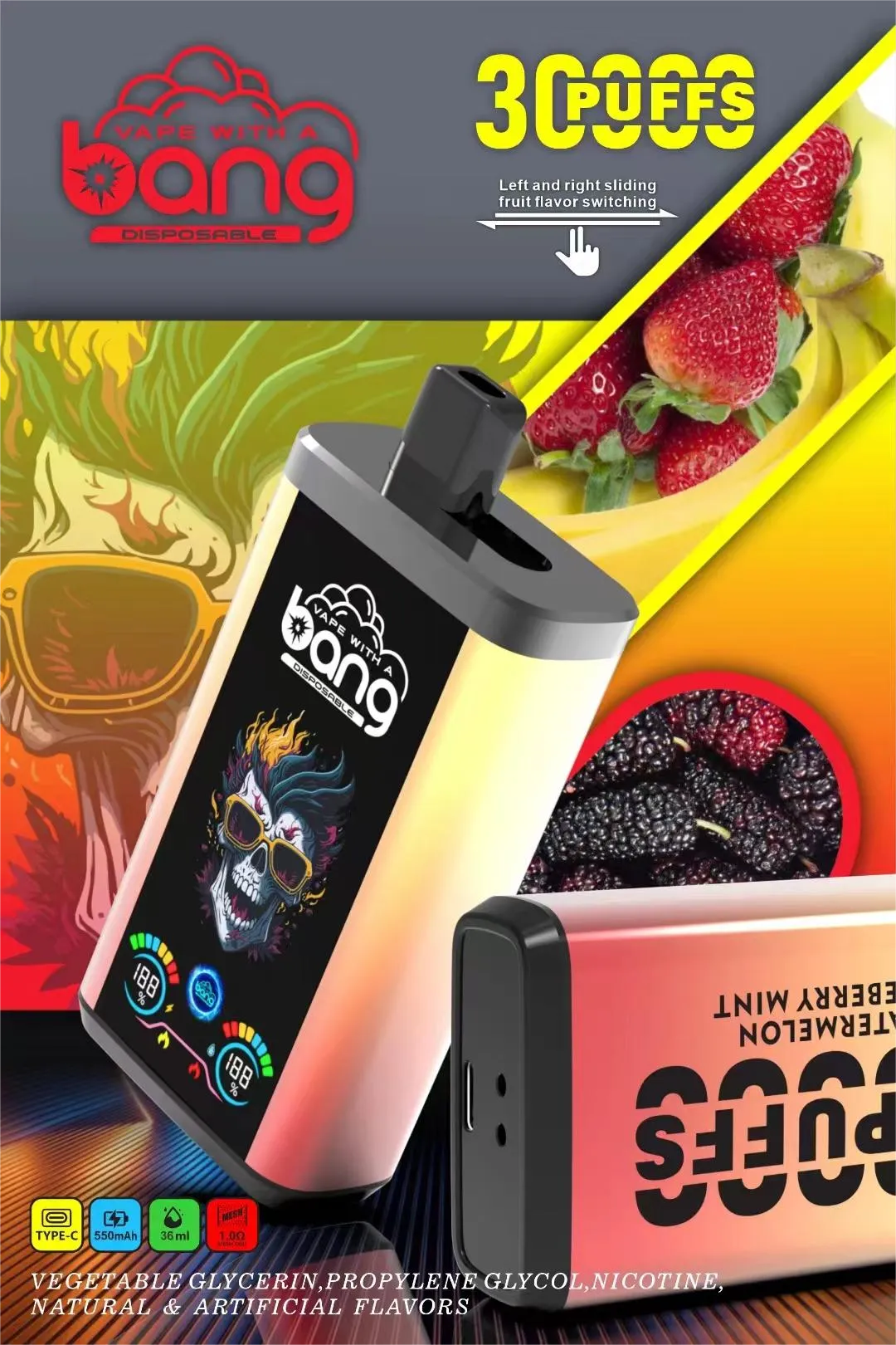 Bang 30K Pro disposable vape poster showing a gradient pink-orange device with skull artwork, “30,000 PUFFS,” dual-flavor left/right slider message, fruit images (strawberry, banana, mulberry), and spec icons for Type-C, 550 mAh, 36 ml, and 1.0 Ω.