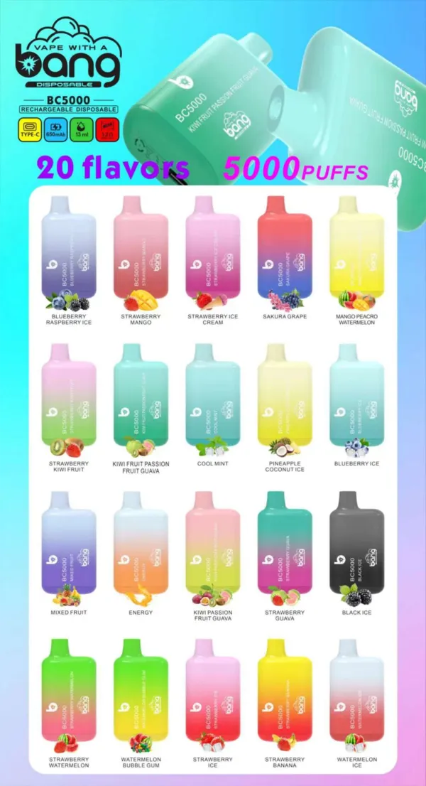 Bang BC5000 Disposable Vape – 20 flavors lineup, 5000 puffs, 650mAh rechargeable battery, 13ml e-liquid, Type-C charging, assorted colorful devices.