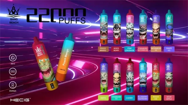 Bang Beach 22000 Puffs disposable vape lineup showcasing multiple flavors, each with unique monster-themed packaging design and vibrant colors.