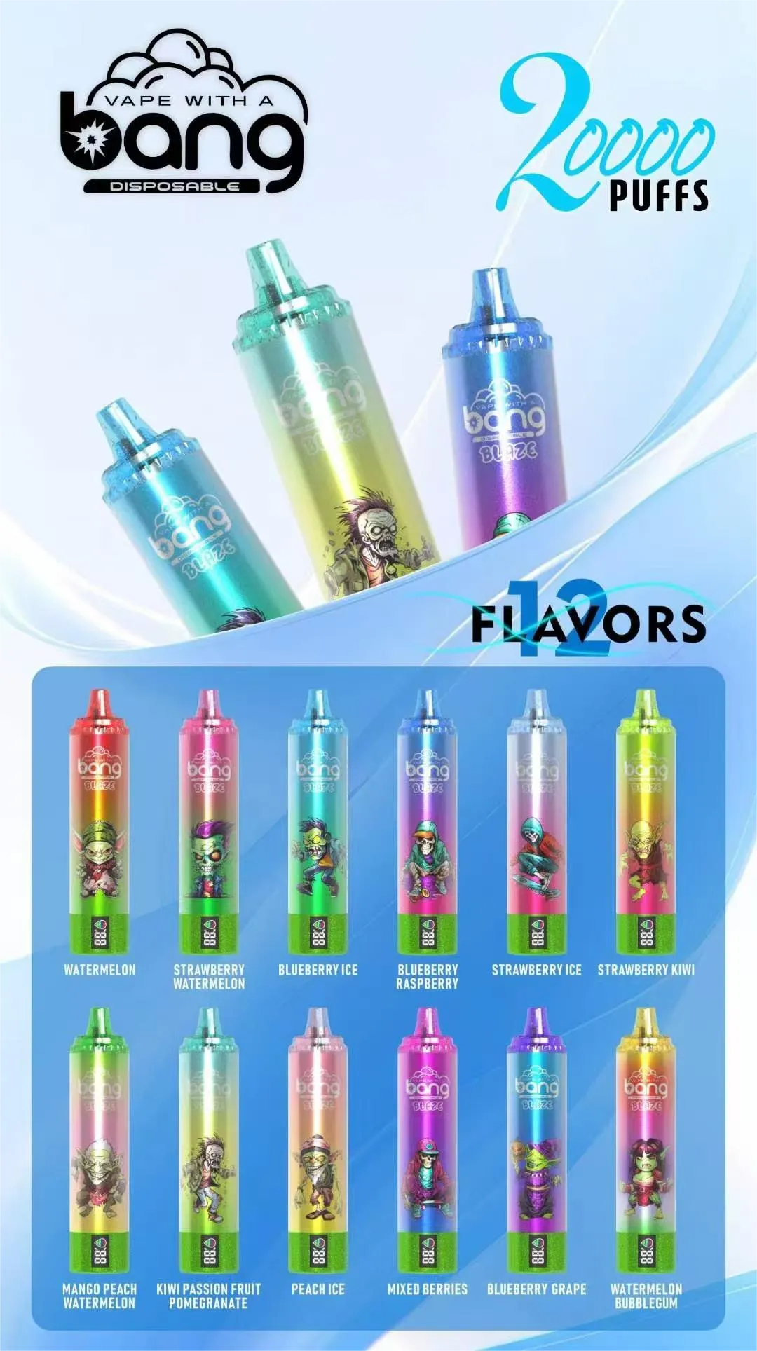 Bang Blaze 20000 puffs disposable vape in 12 flavors including watermelon, blueberry ice, and kiwi passion fruit