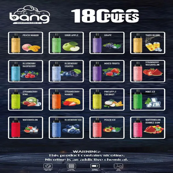Bang Crown 18000 Puffs Disposable Vape flavor lineup, showing 20 different flavors in colorful bottles alongside corresponding fruit images, with a nicotine warning at the bottom.