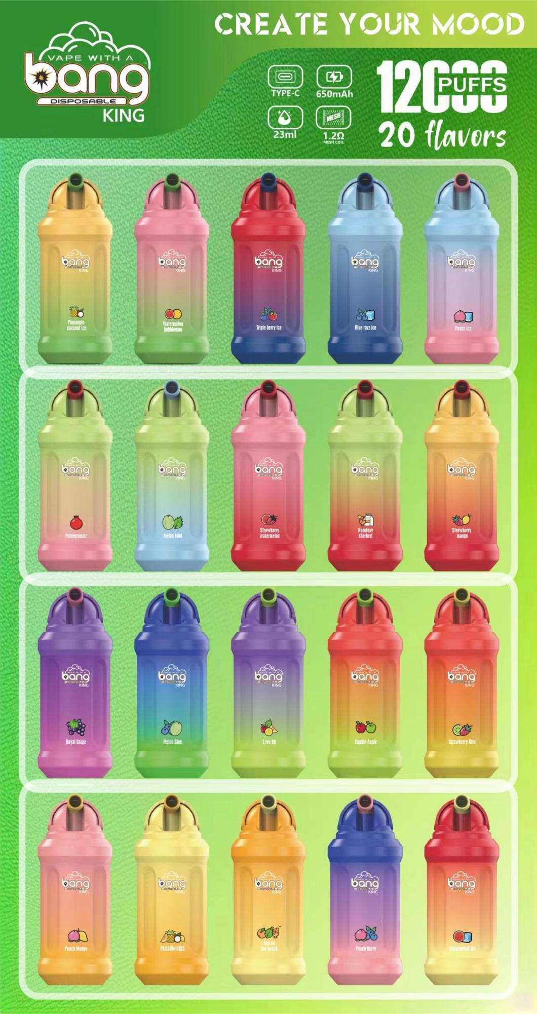 Bang King 12000 Puffs Disposable Vape Pen – 20 Flavors Collection | 0% 2% 3% 5% Nicotine | Pineapple Coconut Ice, Watermelon Bubblegum, Triple Berry Ice, Blue Razz Ice, Peach Ice, Pomegranate, Melon Mint, Strawberry Watermelon, Rainbow Sherbet, Strawberry Mango, Royal Grape, Melon Blue, Love 66, Double Apple, Strawberry Kiwi, Peach Mango, Passion Kiss, Sex on the Beach, Peach Berry, Watermelon Ice