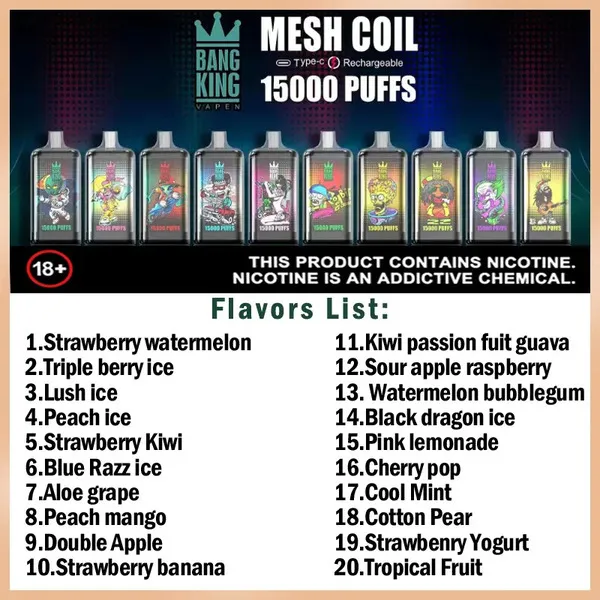 Bang King 15000 Puffs Disposable Vape – Pink Lemonade Flavor, Mesh Coil, 25ml E-liquid, Type-C Rechargeable, Long-lasting Nicotine Vape
