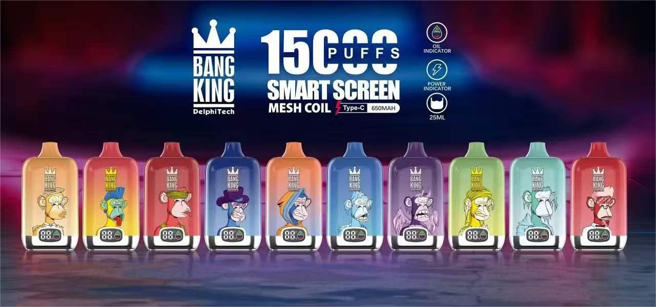 Bang King 15000 Puffs Smart Screen Disposable Vape Pen – 10 Flavors: Peach Freeze, Blueberry Cherry Lemon, Strawberry Watermelon, Berry Blast, Peach Blueraz, Blueberry Freeze, Grape Freeze, Tropical Fruit, Sour Apple Blueberry, Lush Ice – Mesh Coil, Smart Screen, Type-C Rechargeable, 25ml E-liquid, 650mAh Battery