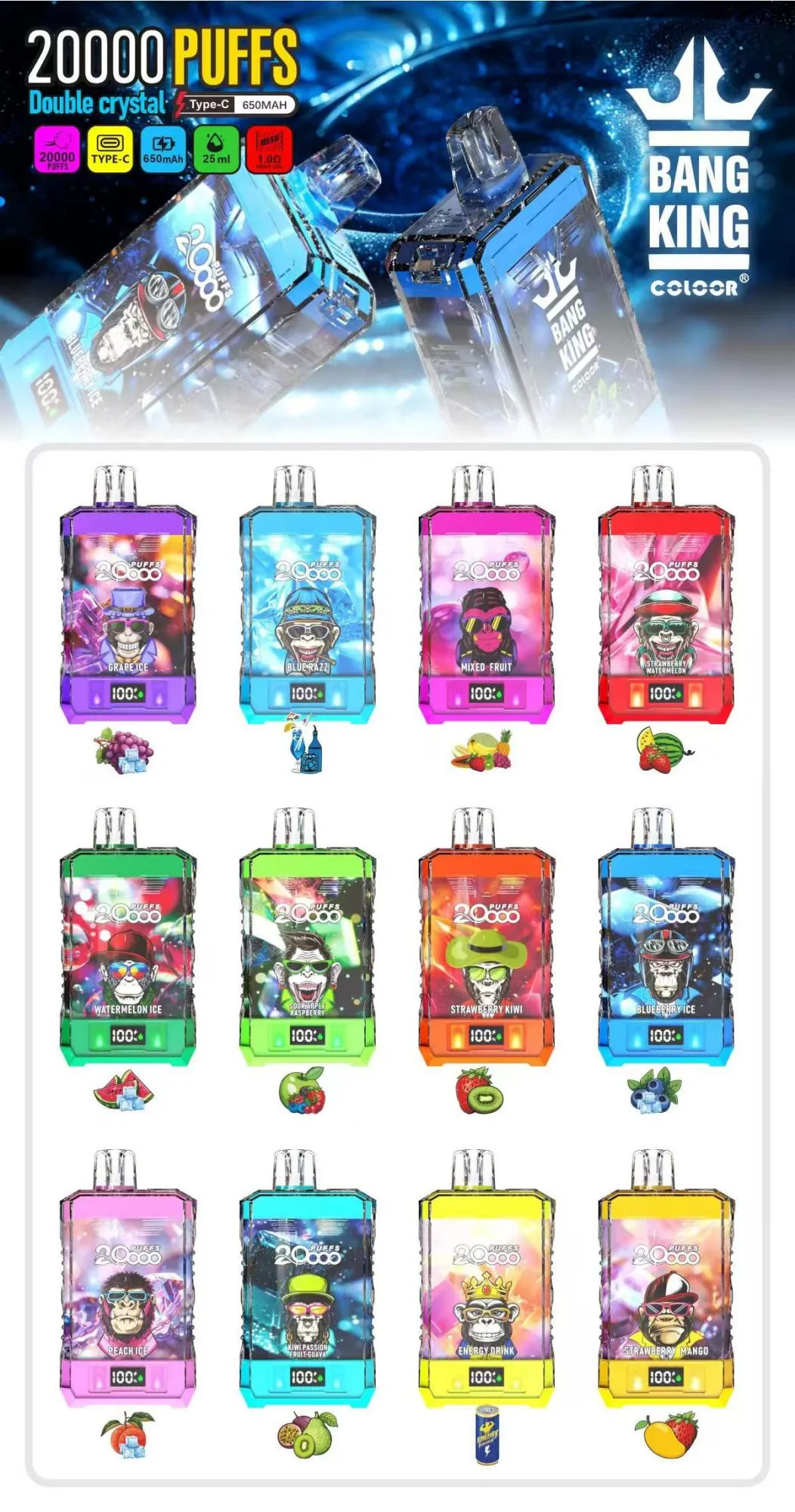 Bang King Double Crystal 20,000-puff disposable vapes poster showing 12 transparent, color-tinted devices with a “100%” front display; flavors include Grape Ice, Blue Razz, Mixed Fruit, Strawberry Watermelon, Watermelon Ice, Raspberry, Strawberry Kiwi, Blueberry Ice, Peach Ice, Kiwi Passion Fruit Guava, Energy Drink, and Strawberry Mango. Header icons note Type-C, 650 mAh, 25 mL, and 1.0 Ω mesh.