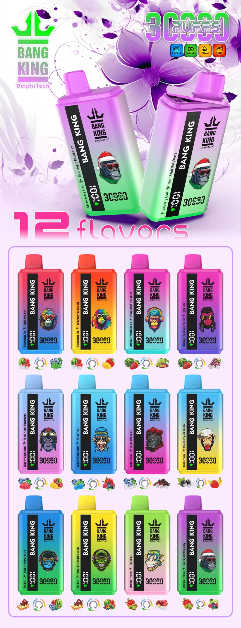 bang king 30000 puffs disposable vape poster featuring two purple gradient devices and a grid of 12 flavors; icons call out Type-C, 650 mAh, 36 ml, and 1.0 Ω mesh coil.