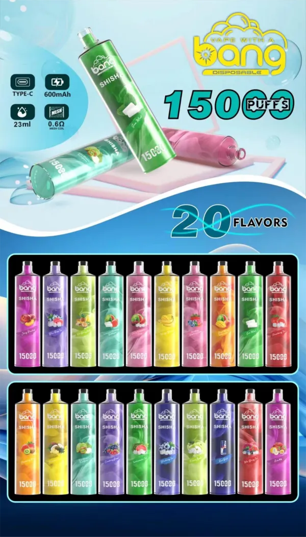 Bang Shisha 15000 Puffs Disposable Vape Pen - 20 Flavors | 0% 2% 3% 5% Nicotine | 600mAh, 23ml, Type-C Rechargeable Mesh Coil
