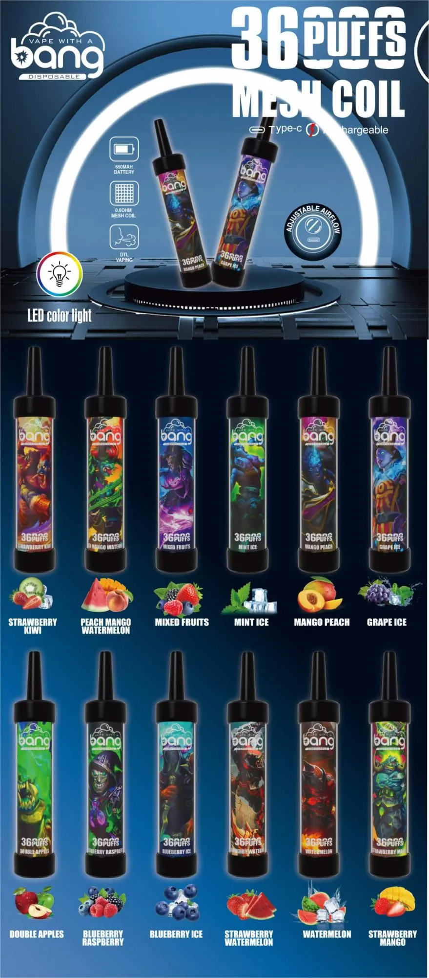 Bang 36,000 Puffs Disposable Vape Collection featuring 12 flavors including Strawberry Kiwi, Peach Mango Watermelon, Mixed Fruits, Mint Ice, Mango Peach, Grape Ice, Double Apples, Blueberry Raspberry, Blueberry Ice, Strawberry Watermelon, Watermelon, and Strawberry Mango.
