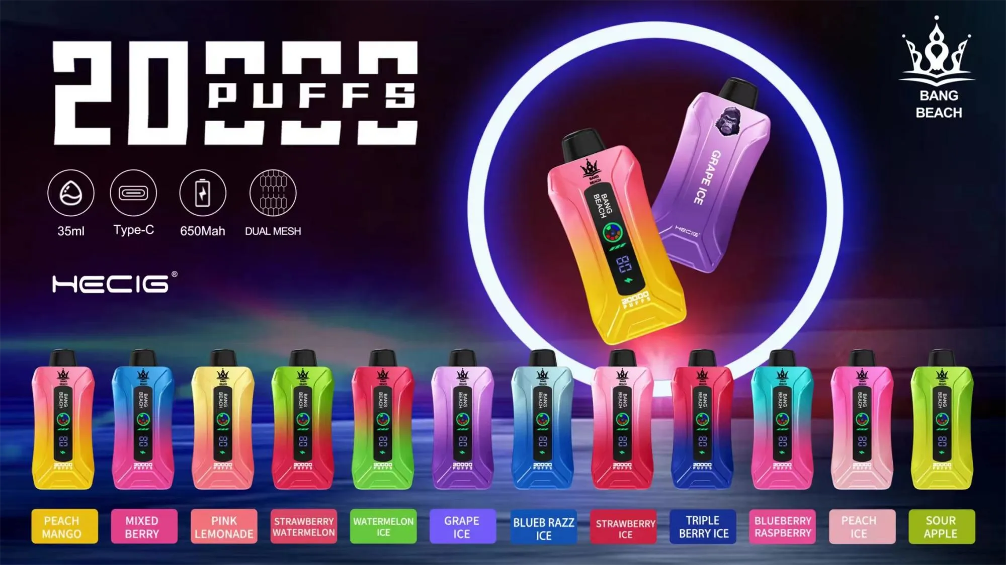 Bang Beach 20,000-puff disposable vapes in neon scene; two gradient devices (yellow-pink and purple) float in a ring, with an LED screen. Icons show 35 ml, Type-C, 650 mAh, dual-mesh. Row of flavors: Peach Mango, Mixed Berry, Pink Lemonade, Strawberry Watermelon, Watermelon Ice, Grape Ice, Blue Razz Ice, Strawberry Ice, Triple Berry Ice, Blueberry Raspberry, Peach Ice, Sour Apple.