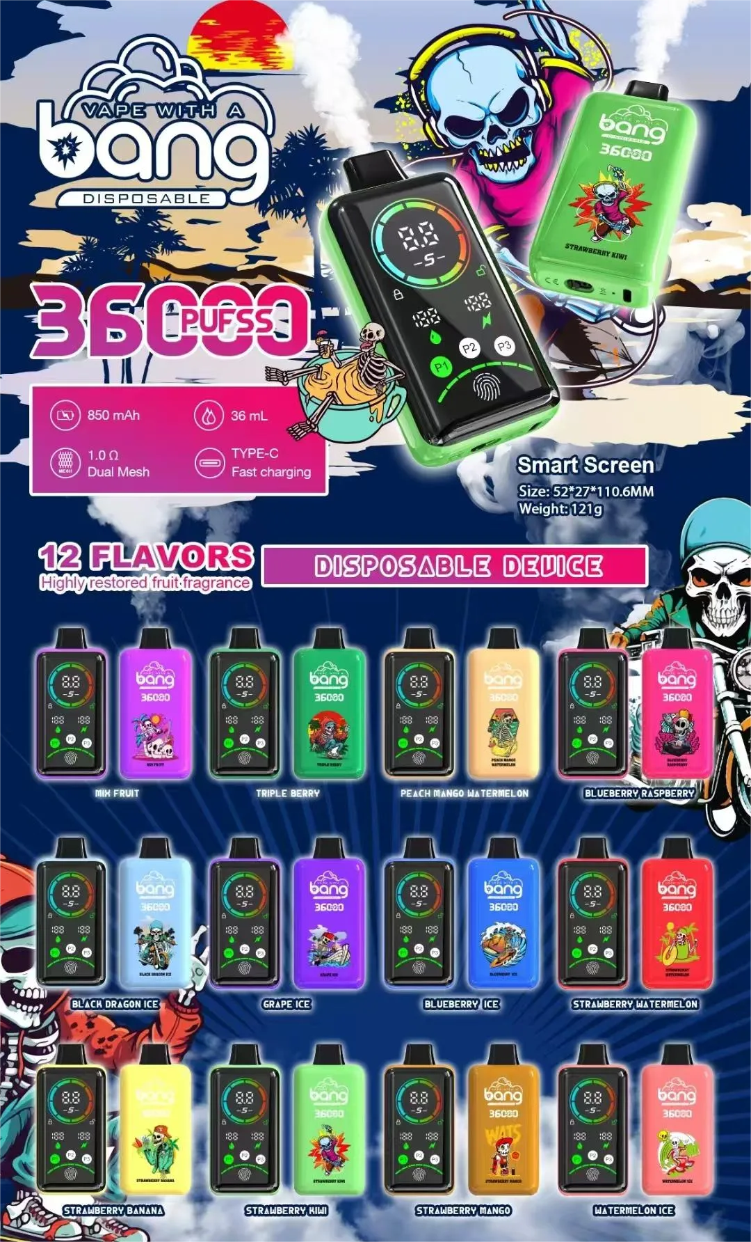 Bang 36000 Puffs smart-screen disposable vape lineup poster; 36 mL, 850 mAh, 1.0Ω dual-mesh, Type-C fast charging; 12 flavors shown.