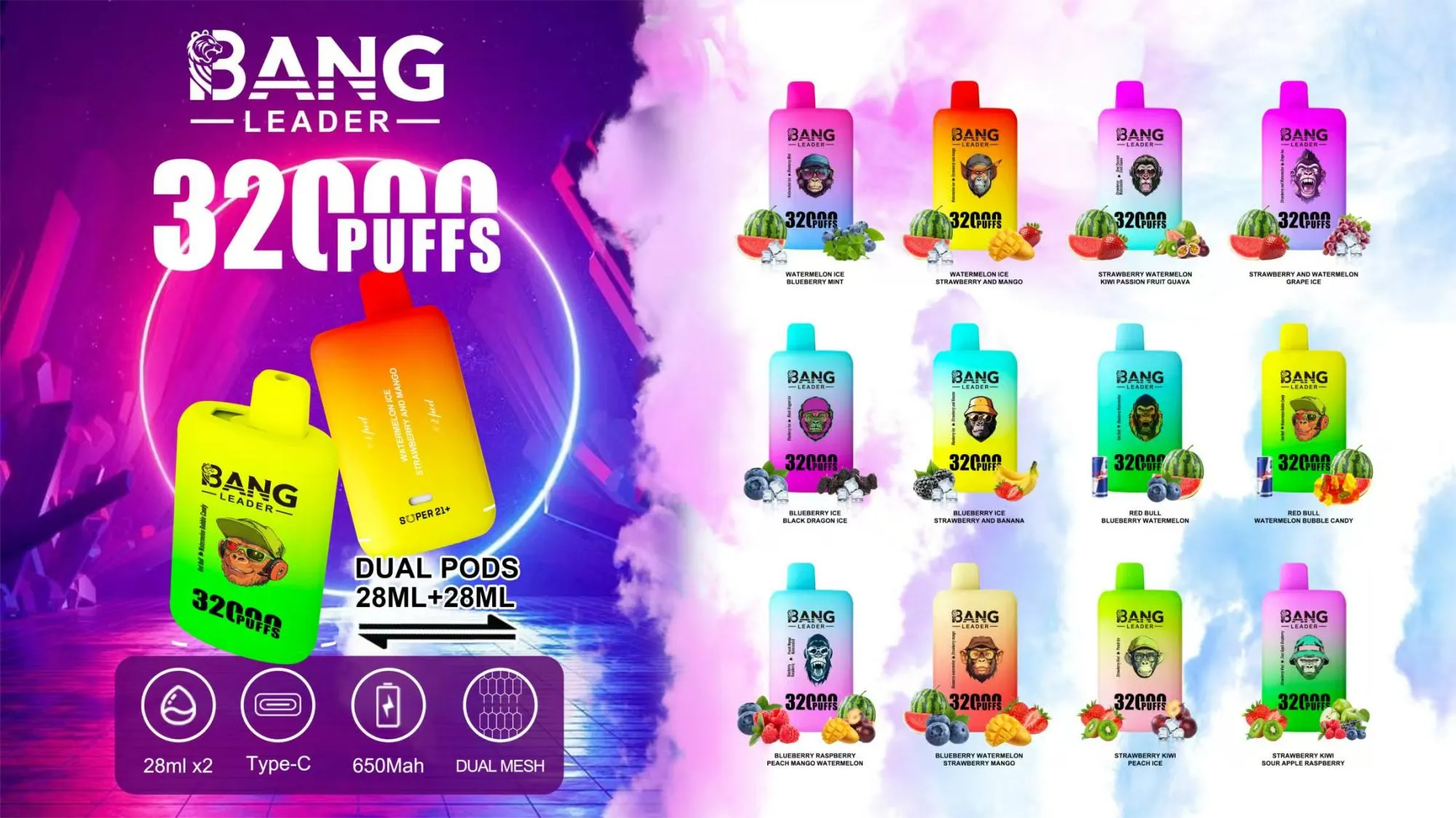 Bang Leader 32000 Puffs dual-pod disposable vape lineup poster, with two large gradient devices on the left and 12 small flavor renders on the right, plus icons for 28ml x2, Type-C, 650mAh, and dual mesh.