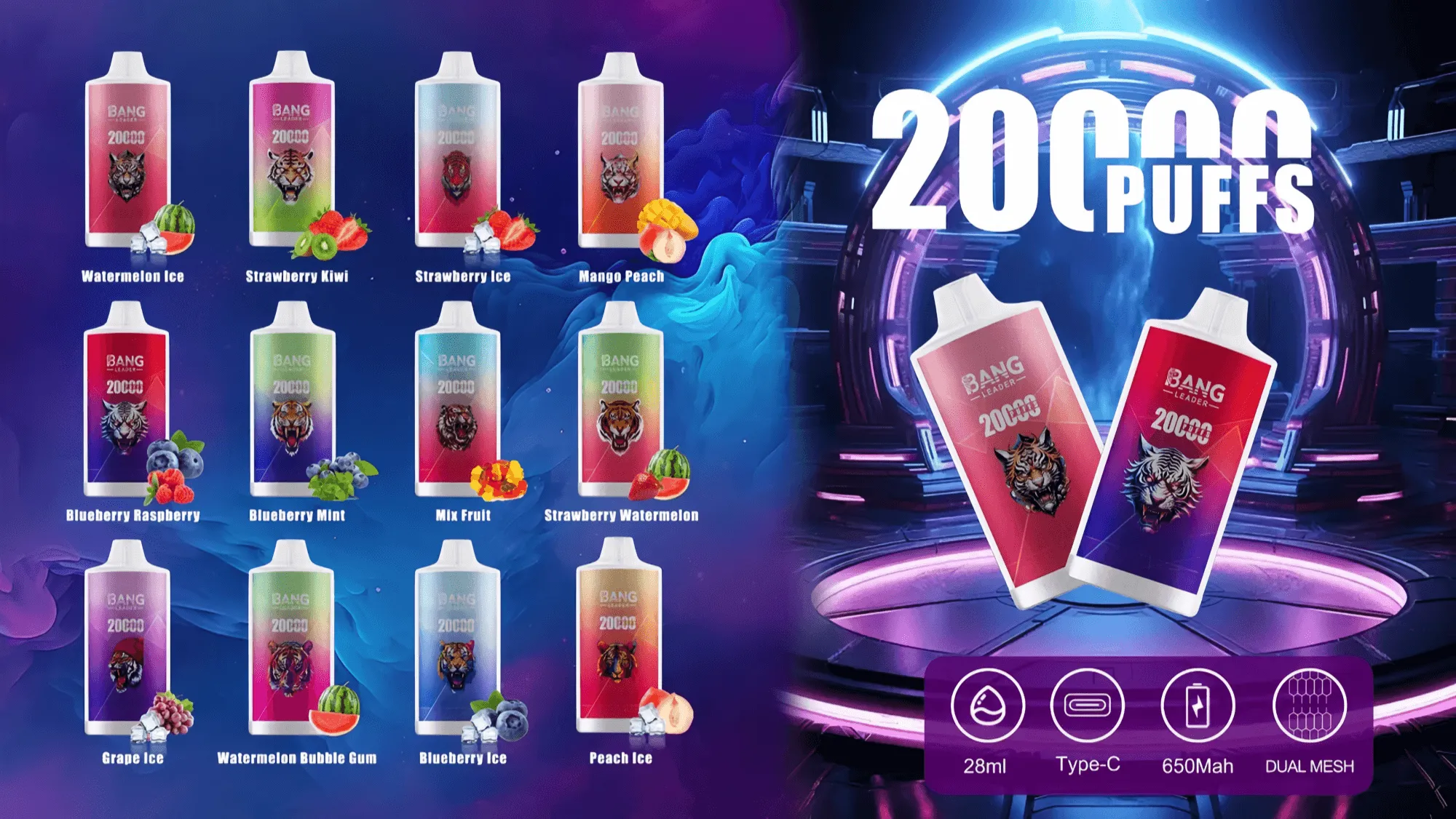 Bang Leader 20000 Puffs disposable vape flavor lineup (12 flavors) with two featured devices on futuristic background, showing 28ml, Type-C, 650mAh and dual-mesh specs.