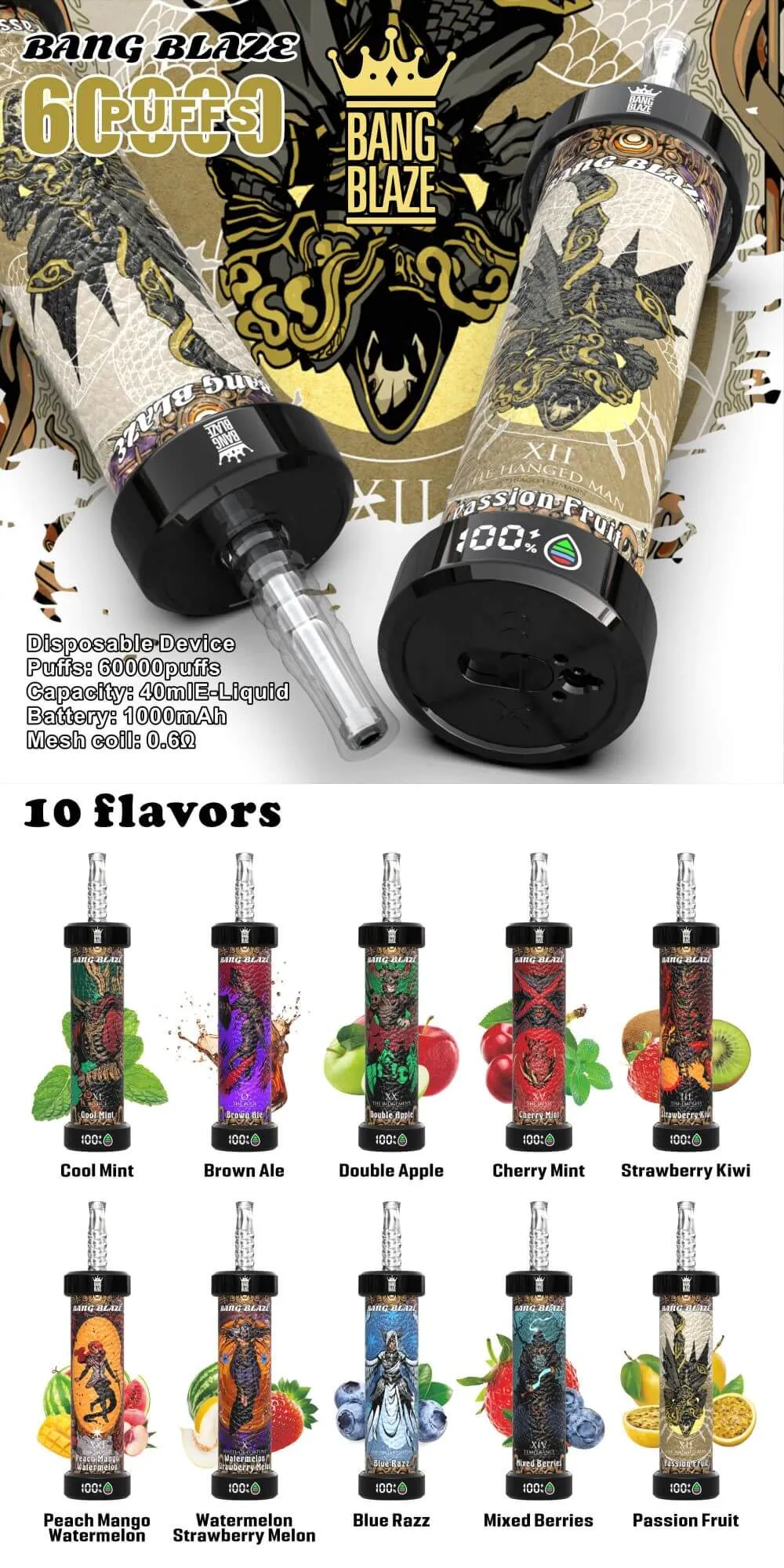 Bang Blaze 60000 60K Puffs disposable vape — 40ml e-liquid, 1000mAh Type-C rechargeable battery, 0.6Ω mesh coil, LED indicator — 10 flavors: Cool Mint, Brown Ale, Double Apple, Cherry Mint, Strawberry Kiwi, Peach Mango Watermelon, Watermelon Strawberry Melon, Blue Razz, Mixed Berries, Passion Fruit.