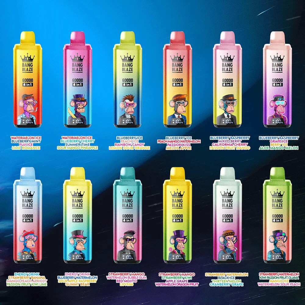 Bang Blaze 60000 Puffs 4-in-1 disposable vape lineup — 12 flavor combinations with flavor switch; Type-C rechargeable 650mAh, 1.0Ω mesh coil, digital display.