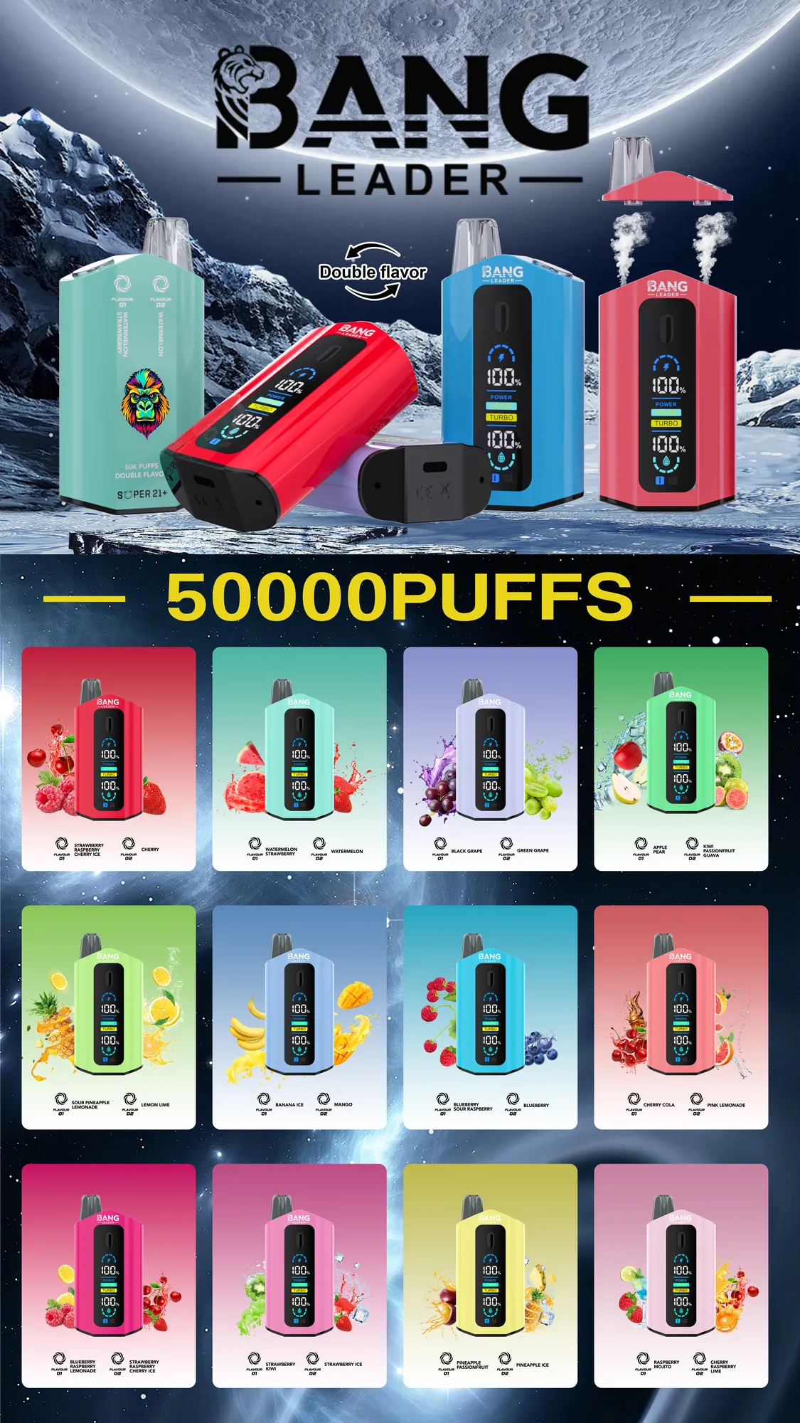 Bang Leader 50000 Puffs dual-flavor disposable vape lineup with smart screen display, adjustable wattage, dual-mesh coil and Type-C 650 mAh battery; collage shows multiple color devices and assorted fruit flavors.