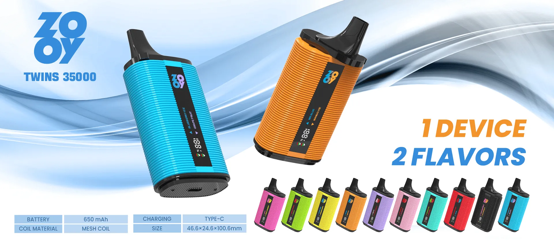 ZOOY TWINS 35000 35K Puffs Disposable Vape with smart screen, dual-mesh coil, 650 mAh Type-C—one device, two flavors.