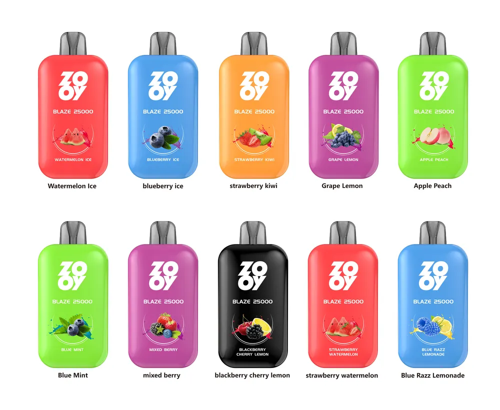 Zooy Blaze 25000 25K puffs disposable vape lineup with smart full-screen display, dual mesh coil, adjustable airflow & power, Type-C charging—flavors shown: Watermelon Ice, Blueberry Ice, Strawberry Kiwi, Grape Lemon, Apple Peach, Blue Mint, Mixed Berry, Blackberry Cherry Lemon, Strawberry Watermelon, Blue Razz Lemonade.