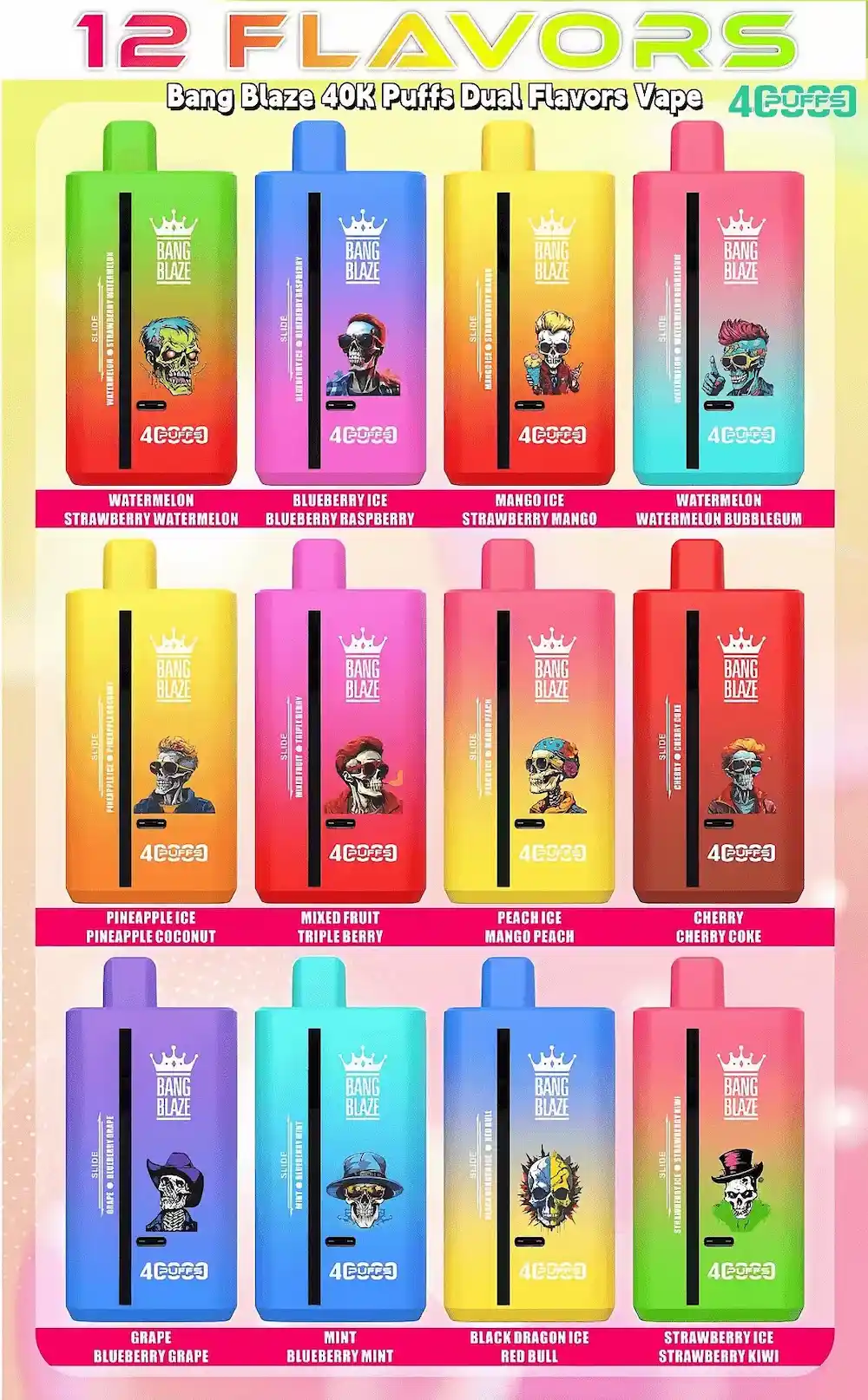 Bang Blaze 40000 Puffs dual flavors disposable vape – 12 flavor lineup chart for 40K Puffs with USB-C rechargeable design