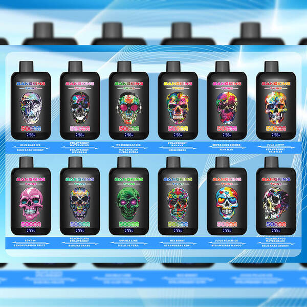 Bang King Twins 50000 Puffs flavor chart showing 12 designs and 12 flavor combinations for the twin rechargeable disposable vape