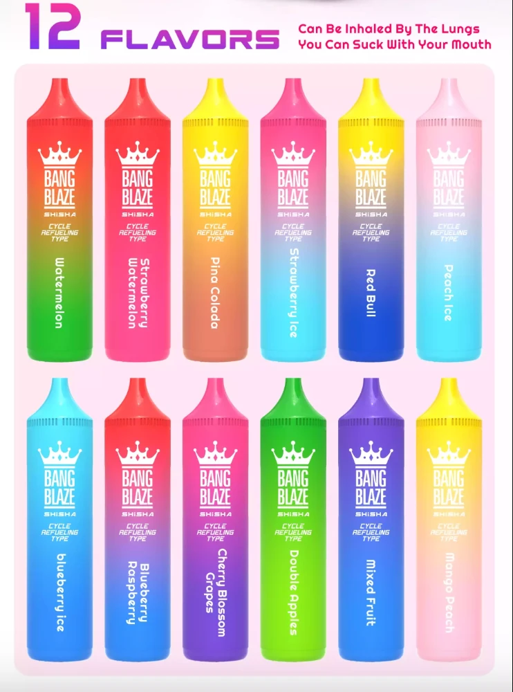 Bang Blaze 40K Refillable Vape 12 flavors lineup chart showing Watermelon, Strawberry Watermelon, Pina Colada, Strawberry Ice, Red Bull, Peach Ice, Blueberry Ice, Blueberry Raspberry, Cherry Blossom Grapes, Double Apples, Mixed Fruit, Mango Peach