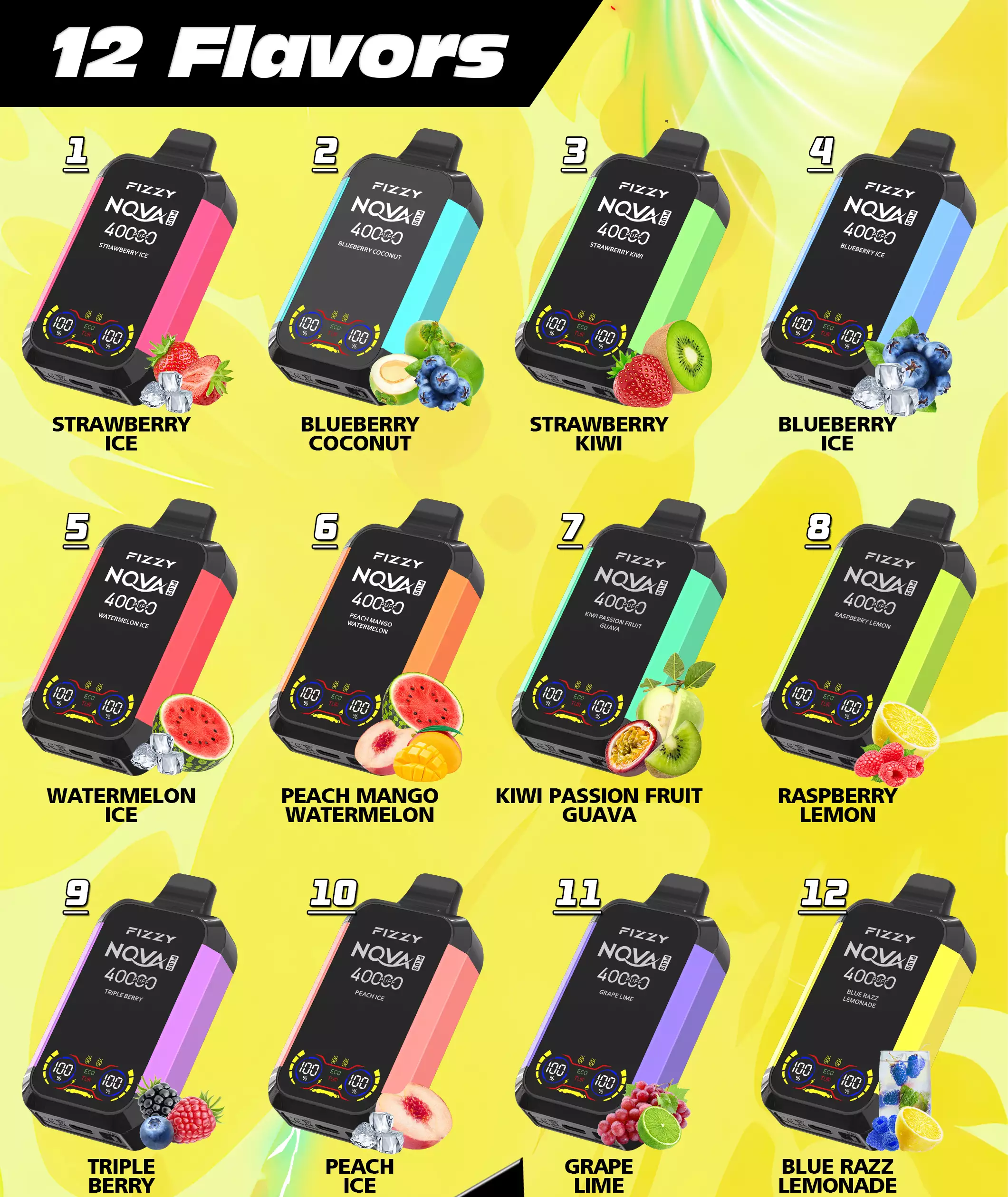 Fizzy Nova 40000 Puffs disposable vape – 12 flavors lineup for Nova Plus including Strawberry Ice, Blue Razz Lemonade, and more