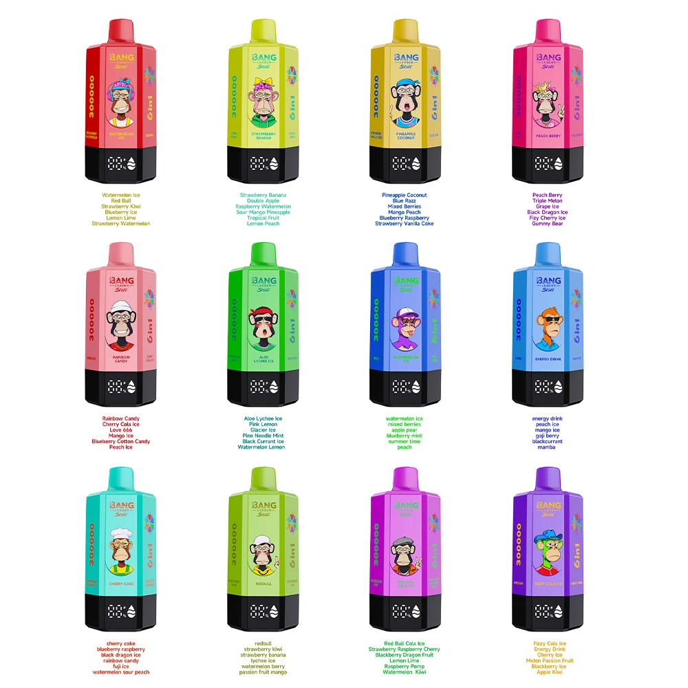 Bang Leader Stoll 300K 6-in-1 disposable vape lineup chart showing all device colors and multi-flavor options