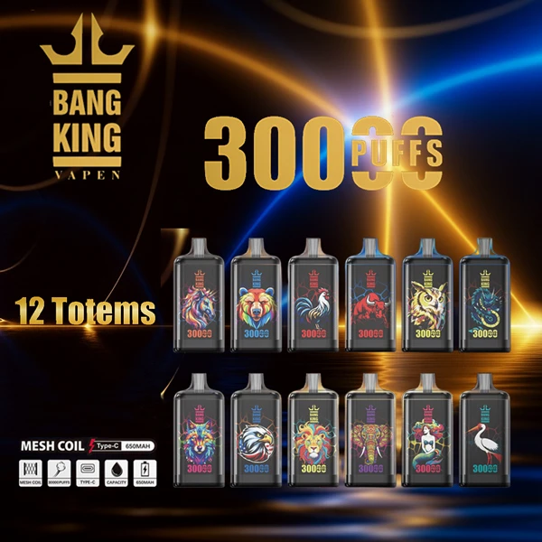 Bang King Crystal 30000 Puffs 12 Totems lineup image showing all flavors, mesh coil, Type-C rechargeable, 650mAh battery