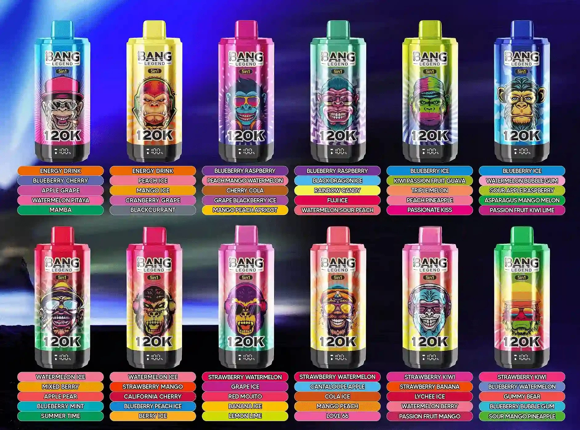 Bang Legend 120K 5-in-1 disposable vape flavors chart showing multiple device designs with 360° rotating flavor system, including Energy Drink, Blueberry Ice, Watermelon Ice, Strawberry Watermelon, and Strawberry Kiwi flavor sets
