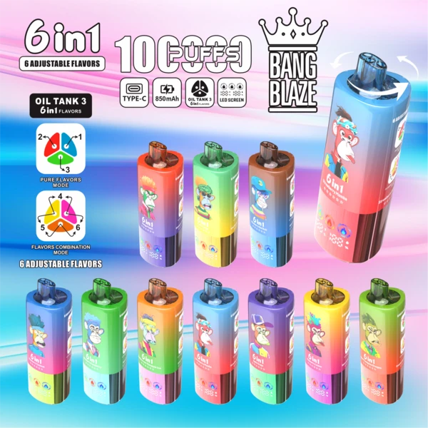 Bang Blaze 100K 6-in-1 adjustable flavors vape lineup – Watermelon Ice, Strawberry Mamba, Strawberry Watermelon (combo modes) promotional image