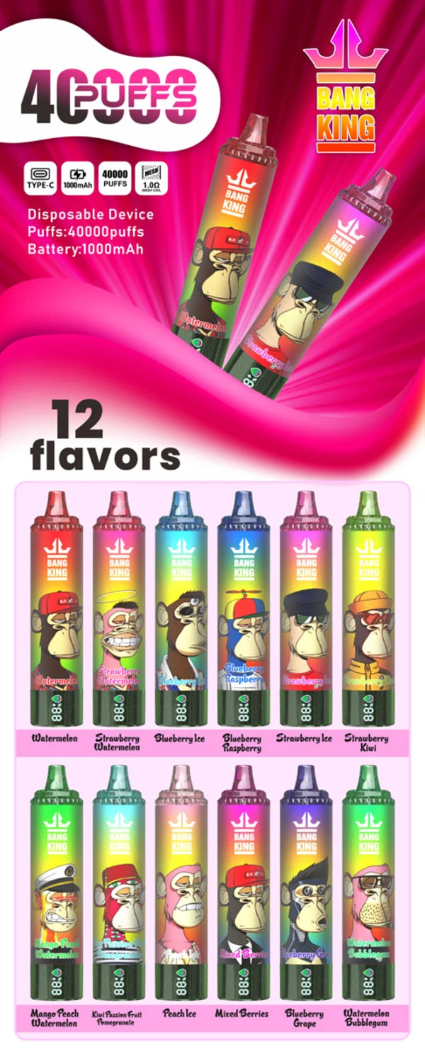 Bang King 40K disposable vape overview image with 40000 puffs, Type-C charging, 1000mAh battery, 1.0Ω mesh coil, and 12 flavor options