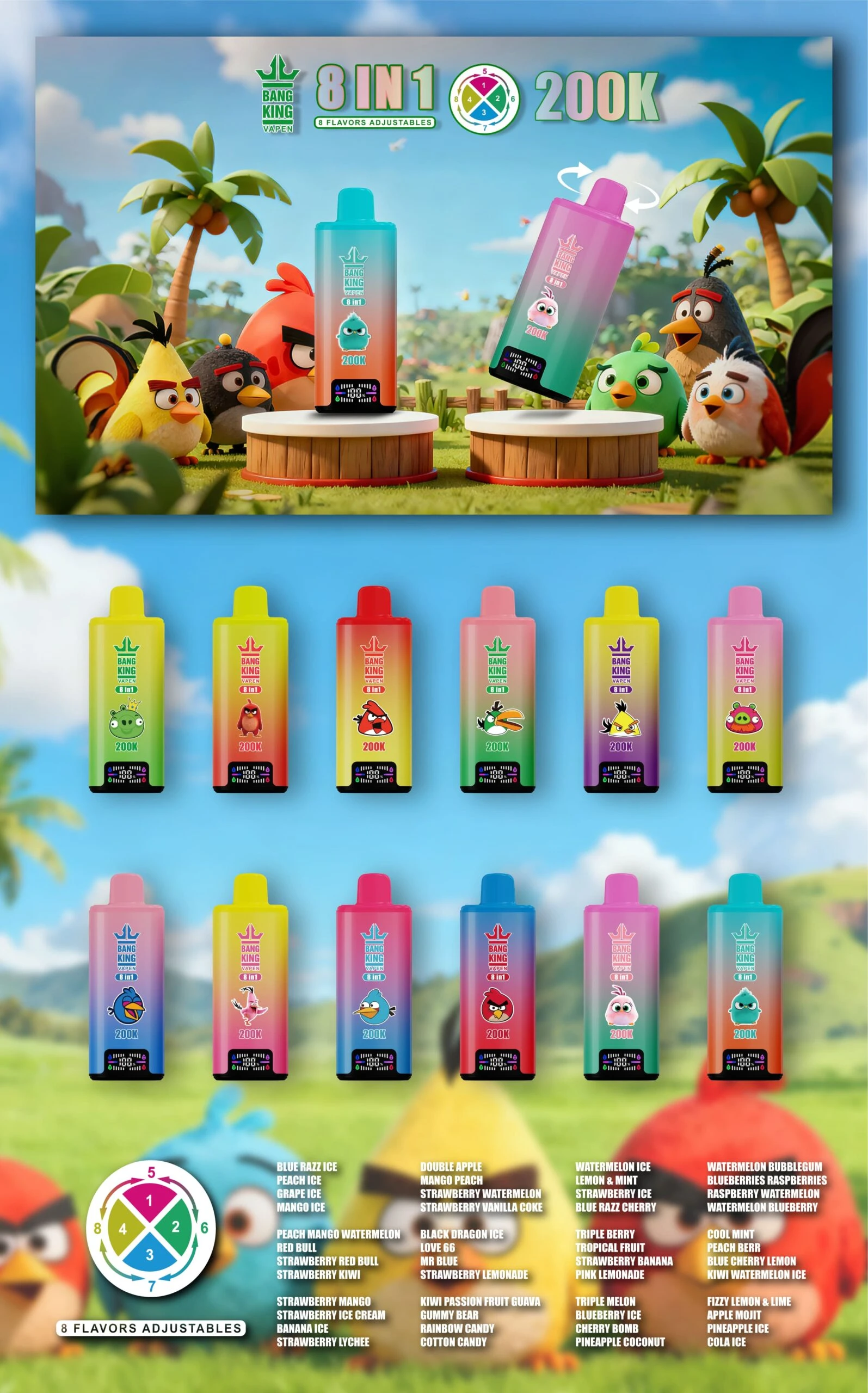 Bang King 200K 8-in-1 adjustable flavors disposable vape – 200K puffs flavors list and device lineup image