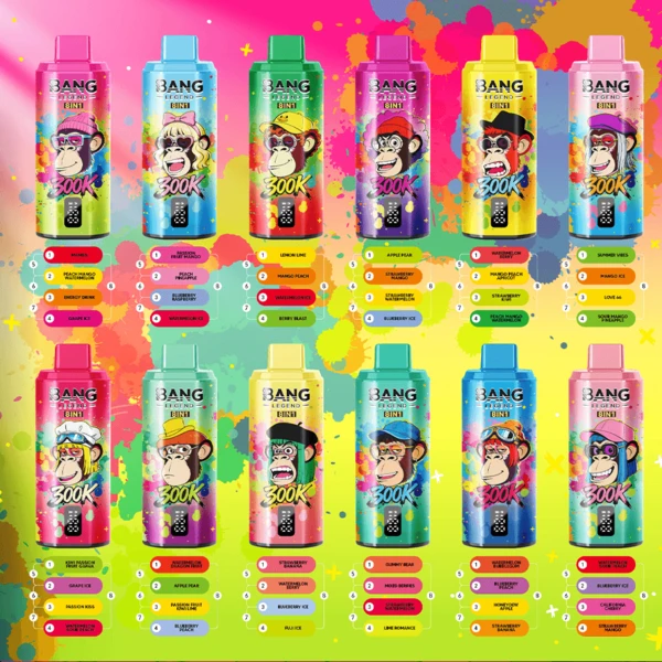 Bang Legend 300K 8 in 1 disposable vape full flavor lineup with up to 300000 puffs, multi-flavor switching design, rechargeable high-puff devices, and colorful Bang Legend 300K collection