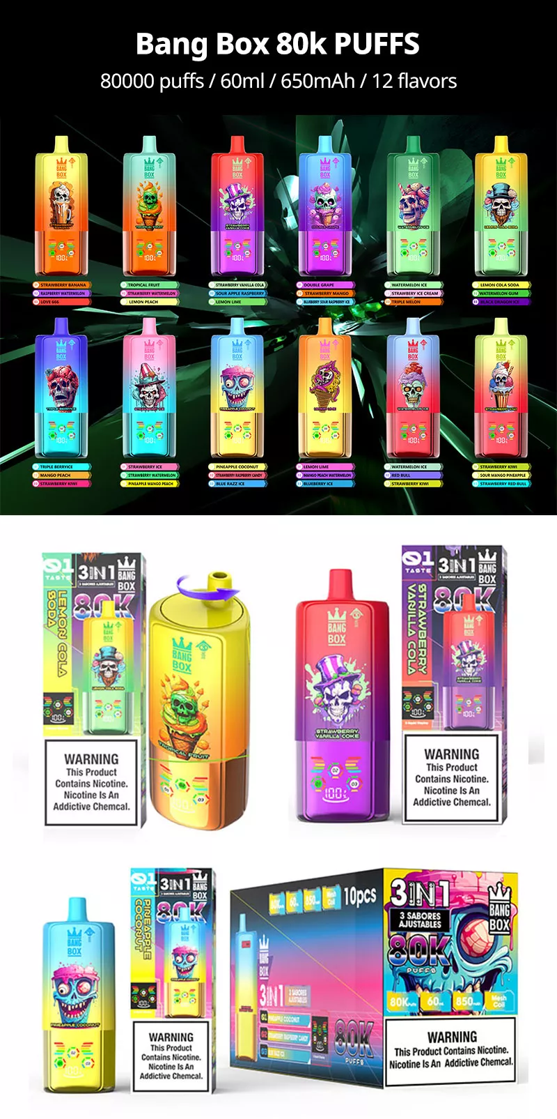 Bang Box 80K disposable vape overview image with 80000 puffs, 60mL capacity, 650mAh battery, 12 flavors, adjustable 3 in 1 flavor switching, and colorful product lineup
